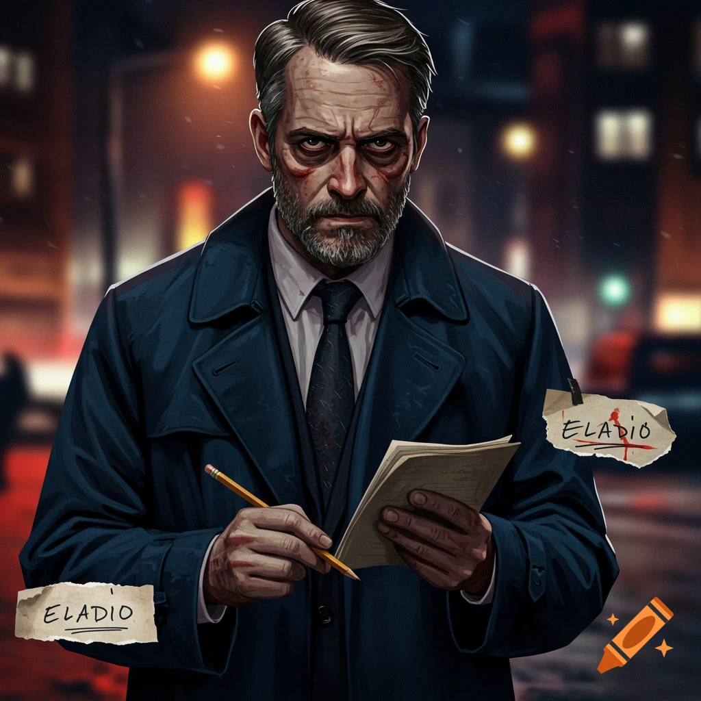 A gritty image of a detective in a trench coat, standing on a city street at night, holding a notebook and pencil. Labels say 'ELADIO'.