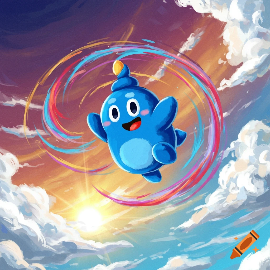 A blue cartoon character floats in a bright sky with clouds and a colorful swirl around it.