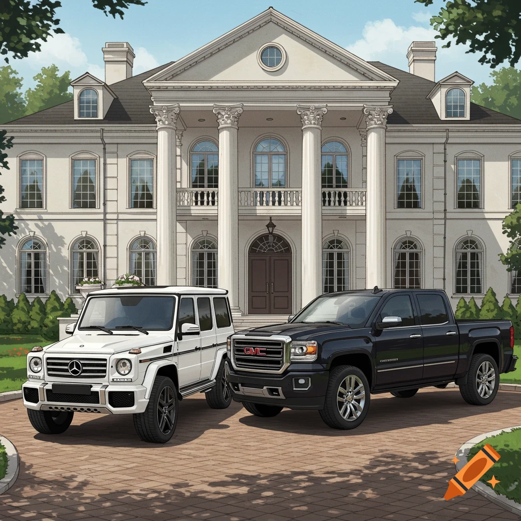 A white Mercedes-Benz G-wagon and a black GMC Sierra Denali parked on a driveway in front of a large mansion.
