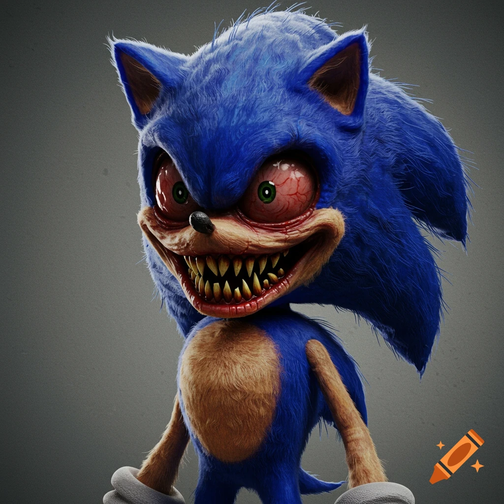 A creepy, uncanny rendition of Sonic the Hedgehog with bloodshot eyes and sharp teeth.