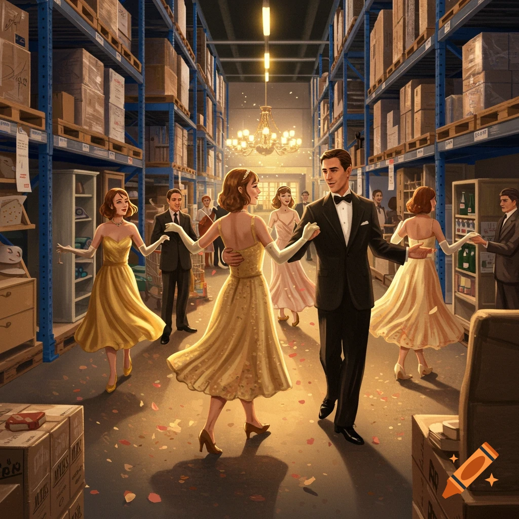 People in formal wear dance at a party in a warehouse.