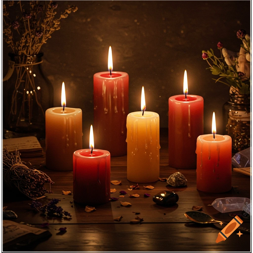 Still life of lit candles on a wooden table with dried herbs and stones in a dark room.