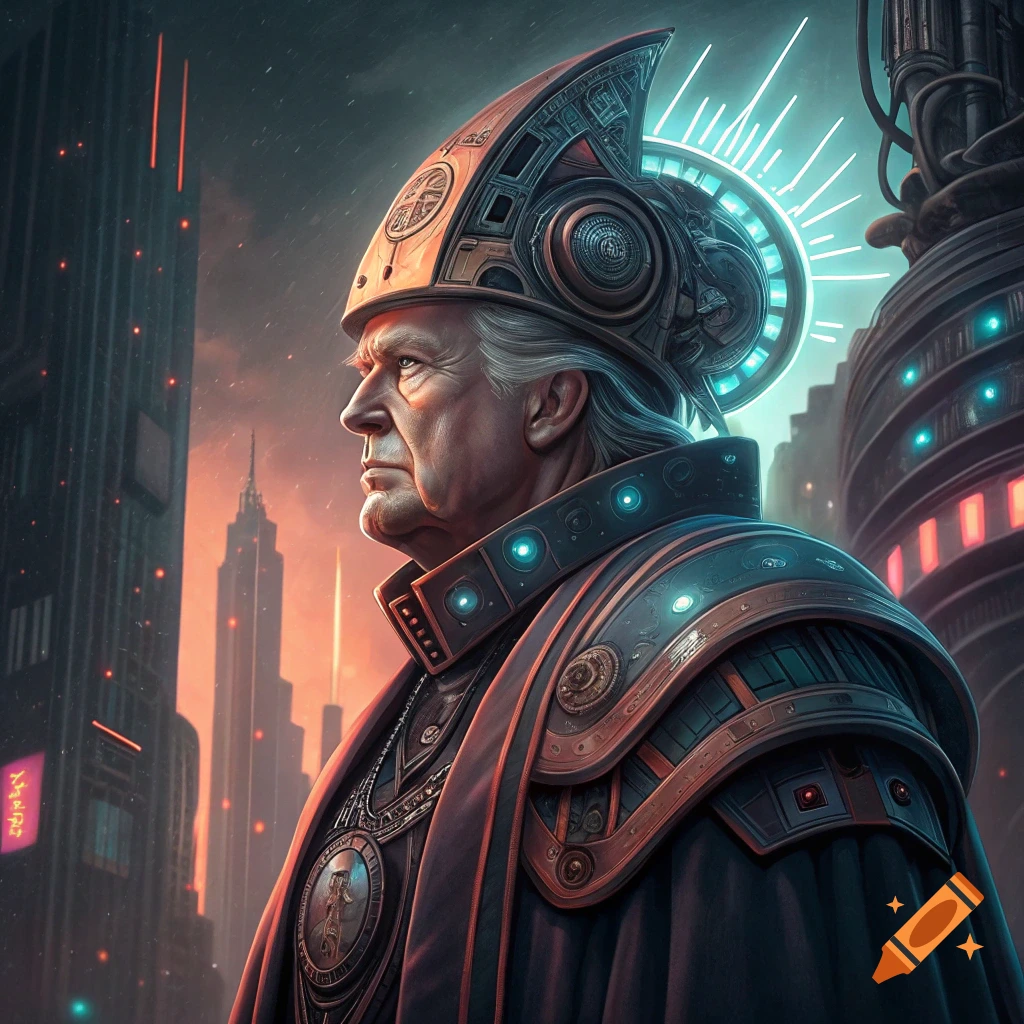 Futuristic portrait of a man resembling Donald Trump in elaborate sci-fi armor and hat, with a glowing city background.