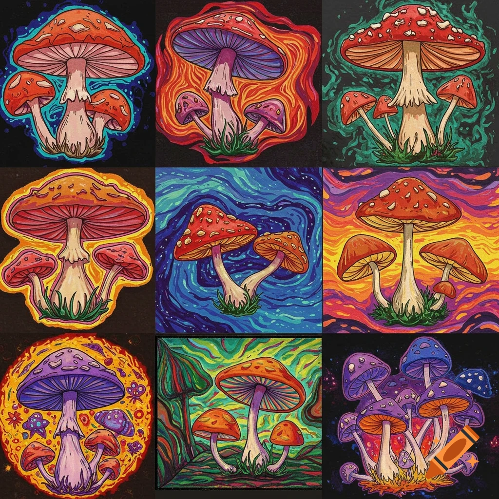 A grid of nine colorful, stylized digital illustrations of psychedelic mushrooms.