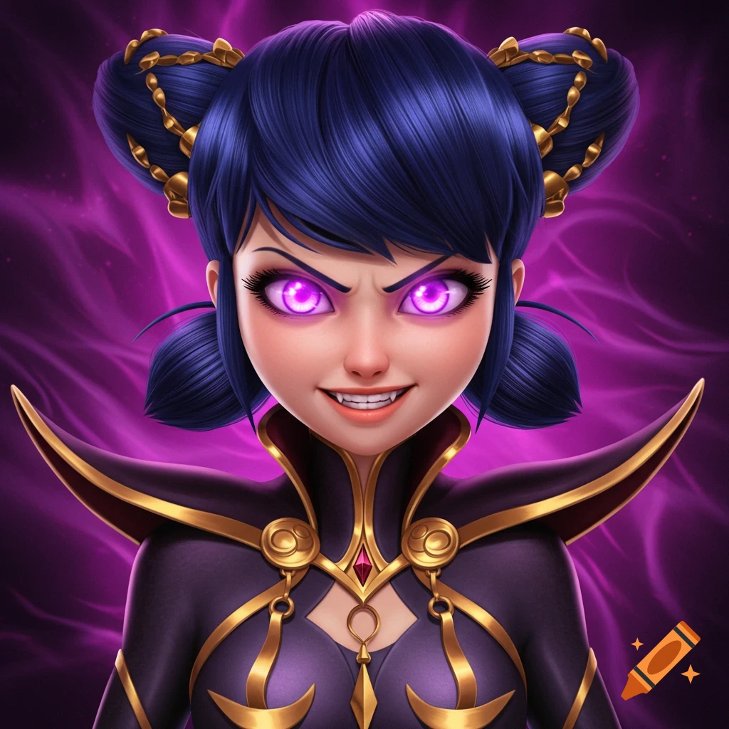 Stylized portrait of a character with glowing purple eyes and fangs in a dark fantasy costume.