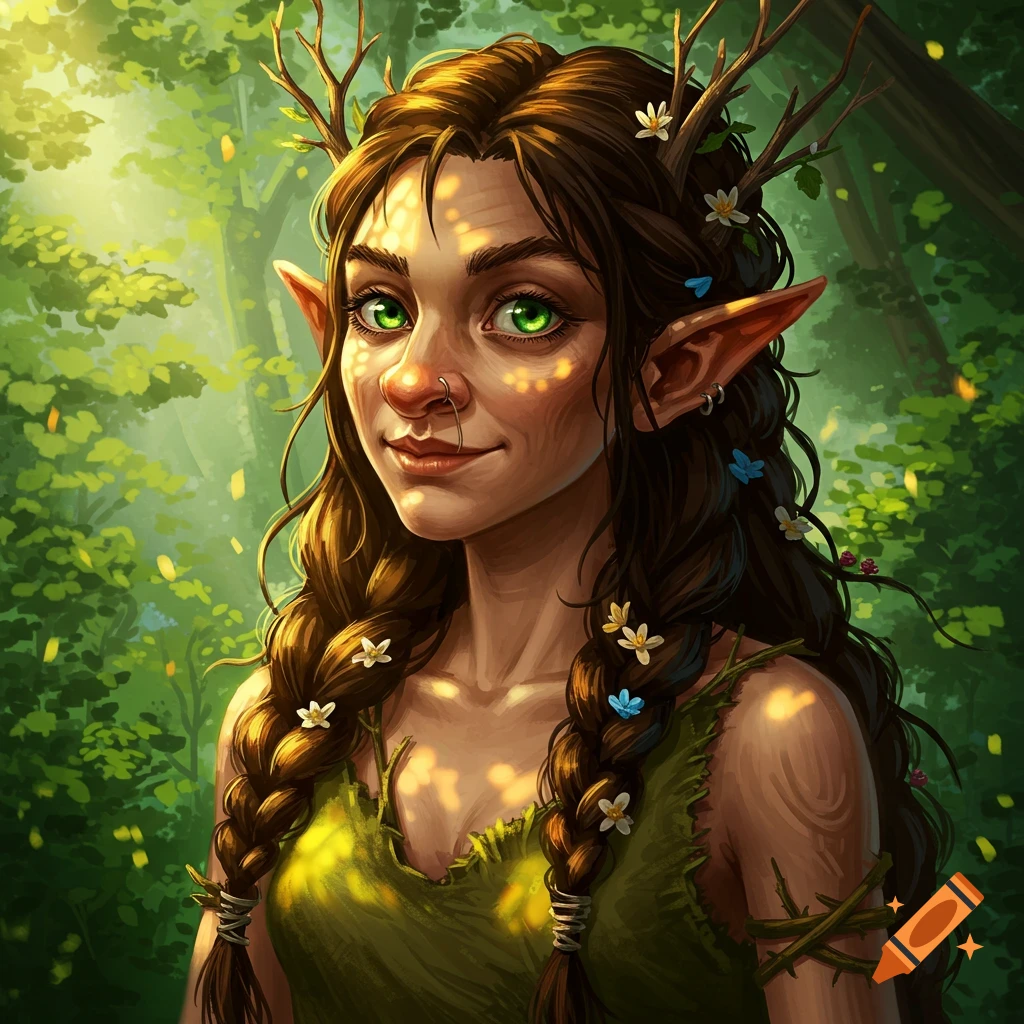 A female wood elf with antlers and pointy ears in a forest.