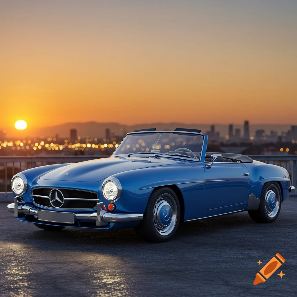 Blue classic Mercedes-Benz convertible on a rooftop overlooking a city skyline at sunset.