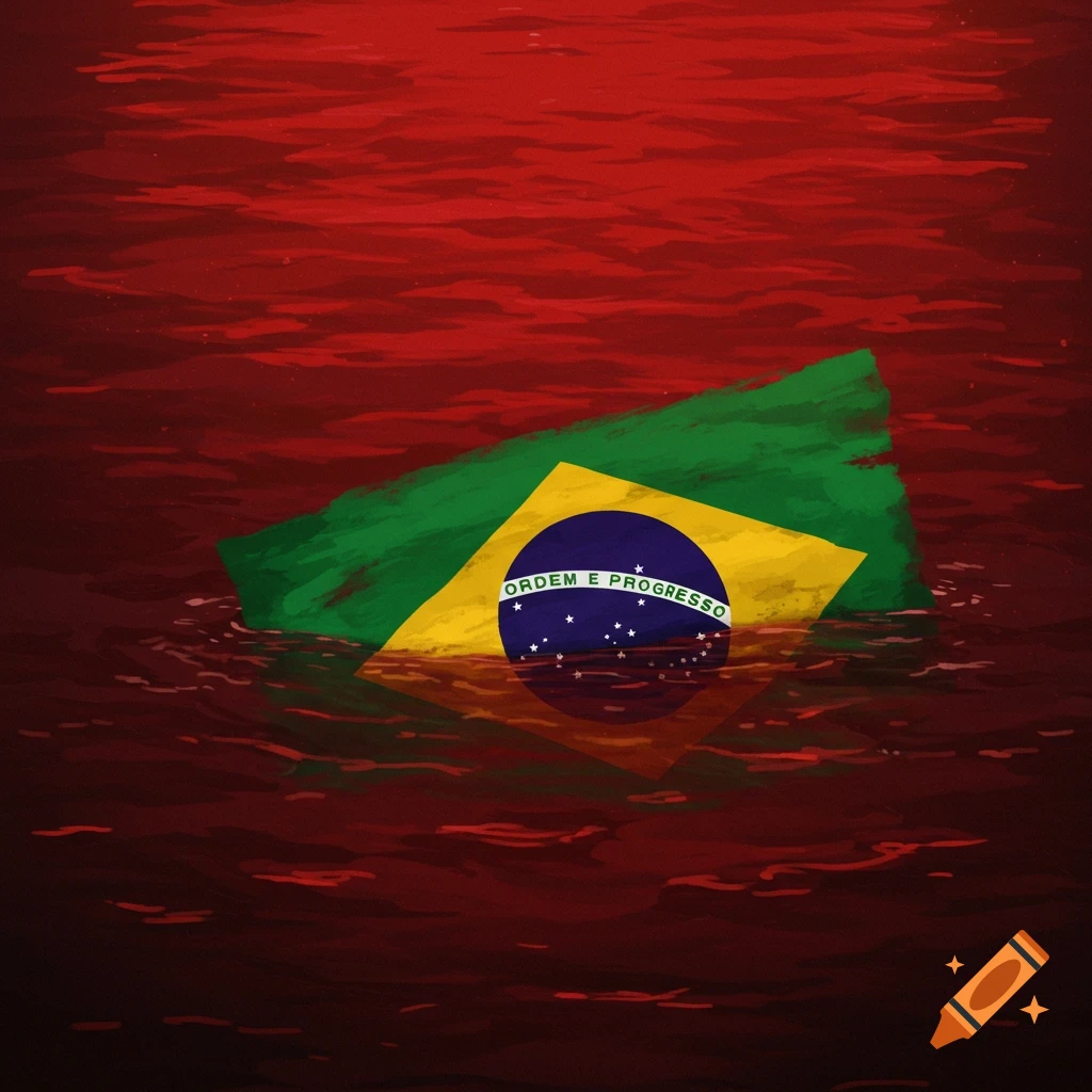 A Brazilian flag is partially submerged in red water.