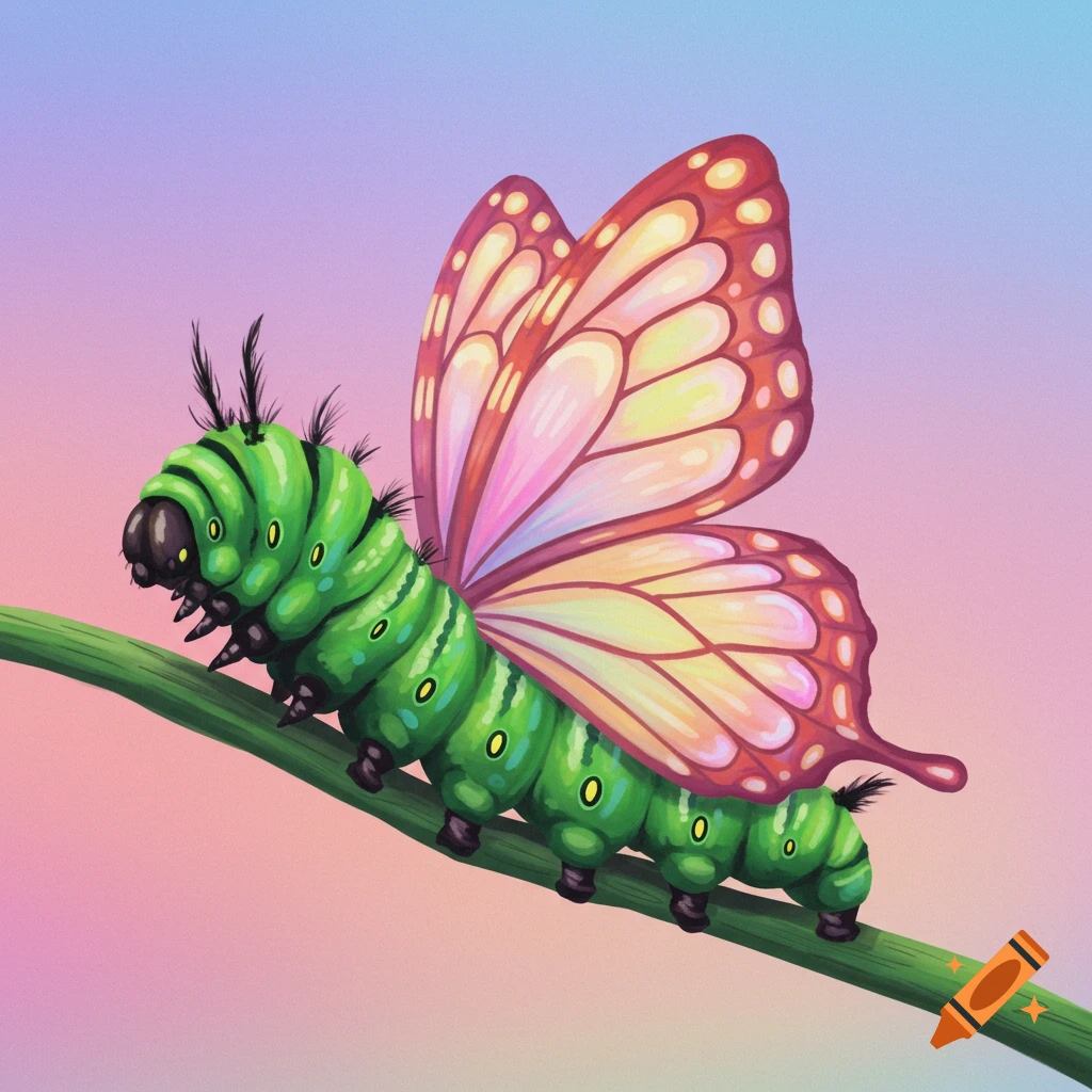 A green caterpillar with pink and yellow butterfly wings sits on a stem.