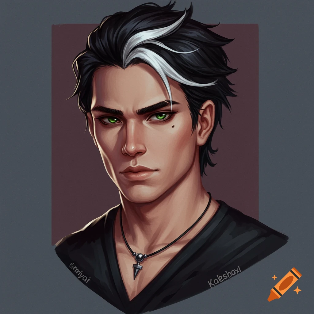 A young man with black hair, a white streak, green eyes, and a necklace.