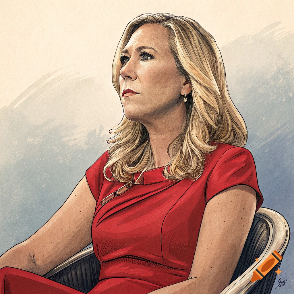 Illustration of a woman resembling Marjorie Taylor Greene seated, looking away, wearing a red dress.