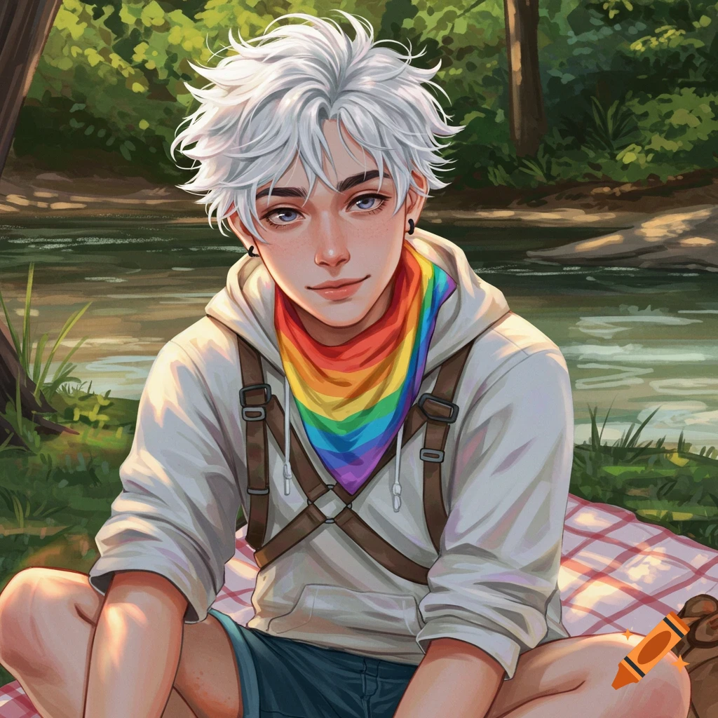 A young person with white hair and a rainbow bandana is sitting by a river on a picnic blanket.
