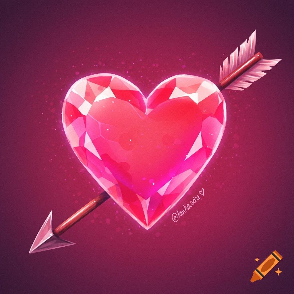 A red heart-shaped gemstone is pierced by an arrow on a dark background.