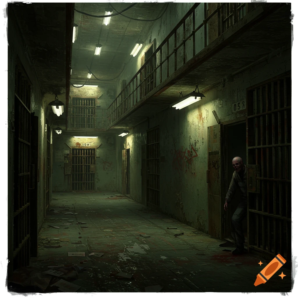 Gritty image of a dark prison hallway with cell bars and a figure in a doorway.