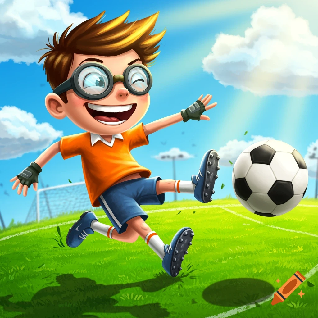 A vibrant cartoon style image of a boy kicking a soccer ball on a sunny field.