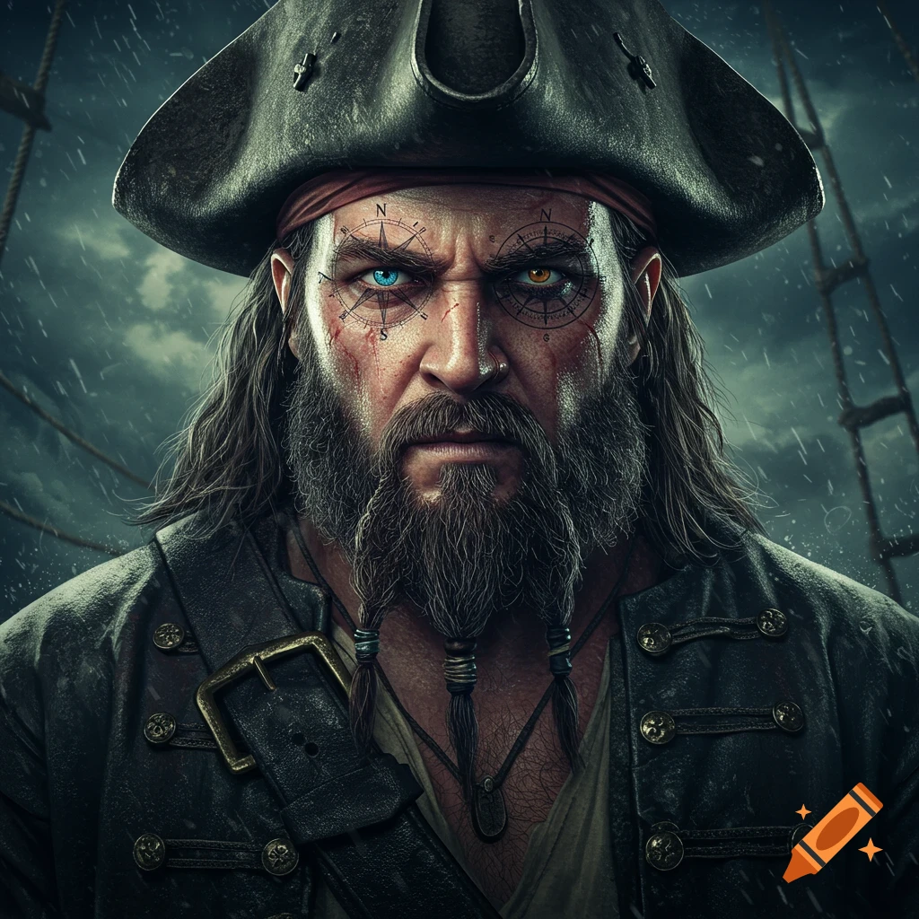 Close-up portrait of a serious pirate with compass roses drawn on his eyes, in a stormy setting.