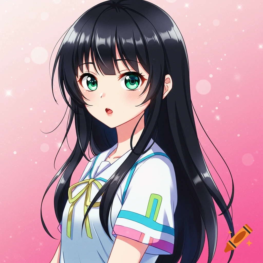 Anime portrait of a girl with black hair and green eyes in a white school uniform.