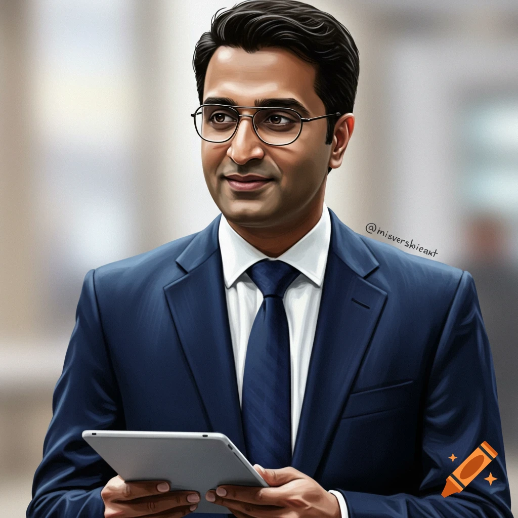 A man in a blue suit and glasses is holding a tablet.