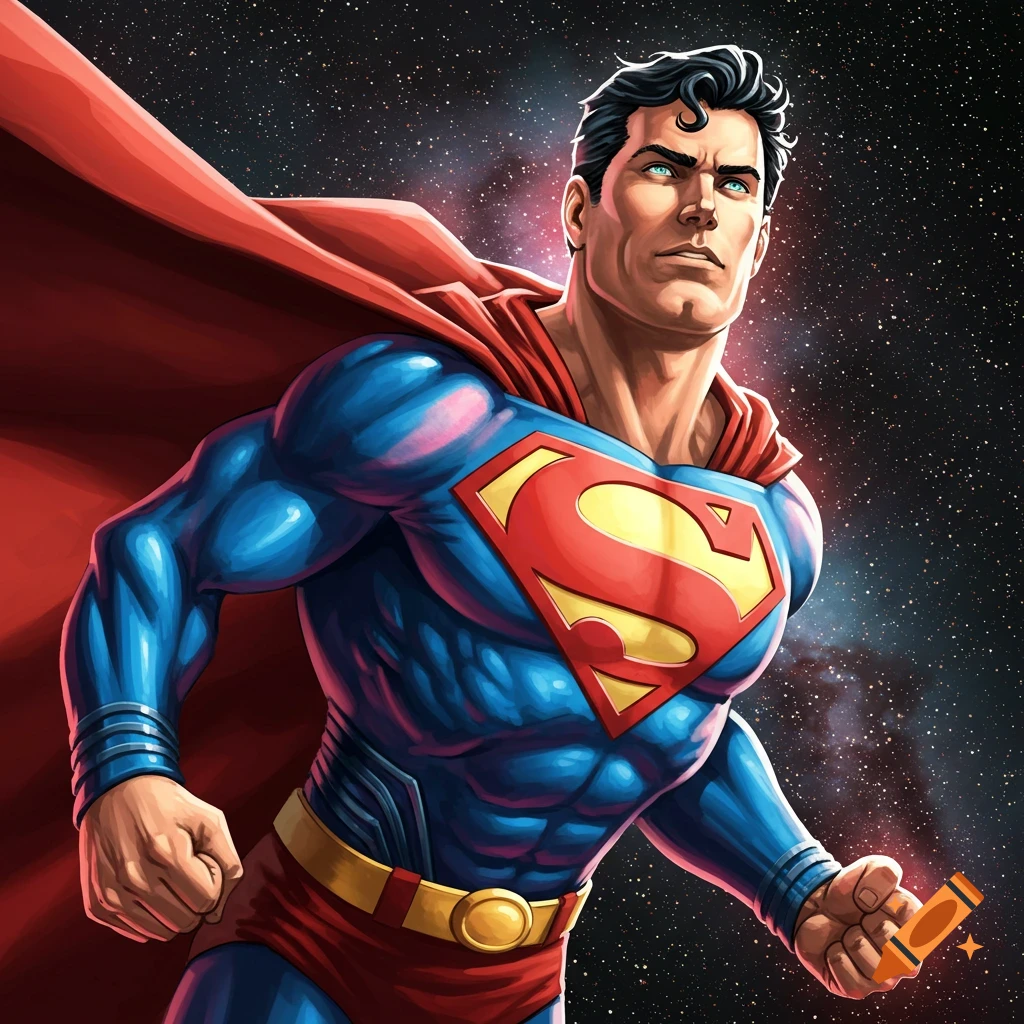 Superman in his suit flying through space.