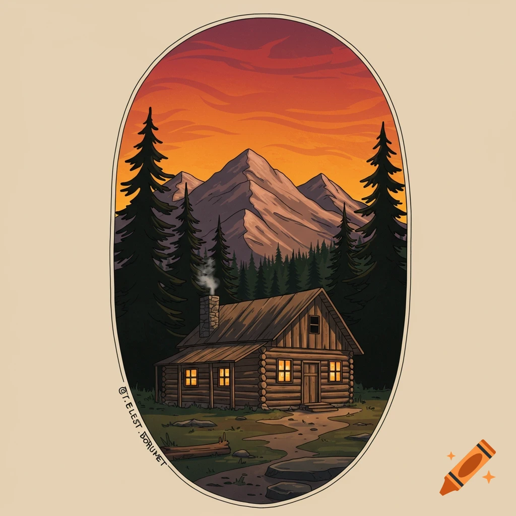 A digital illustration of a log cabin in a forest before mountains at sunset, framed in an oval.