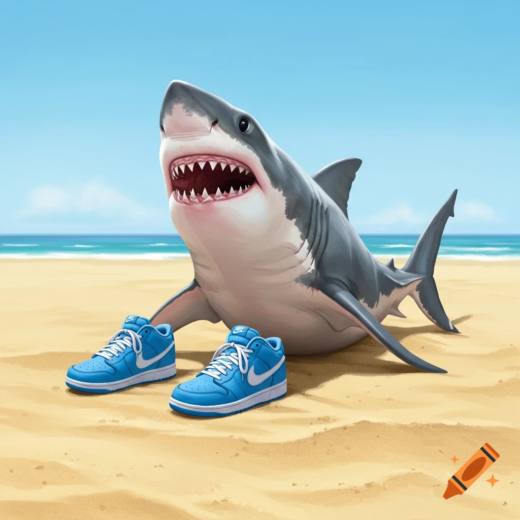 A cartoonish great white shark wearing blue sneakers sits on a sandy beach.