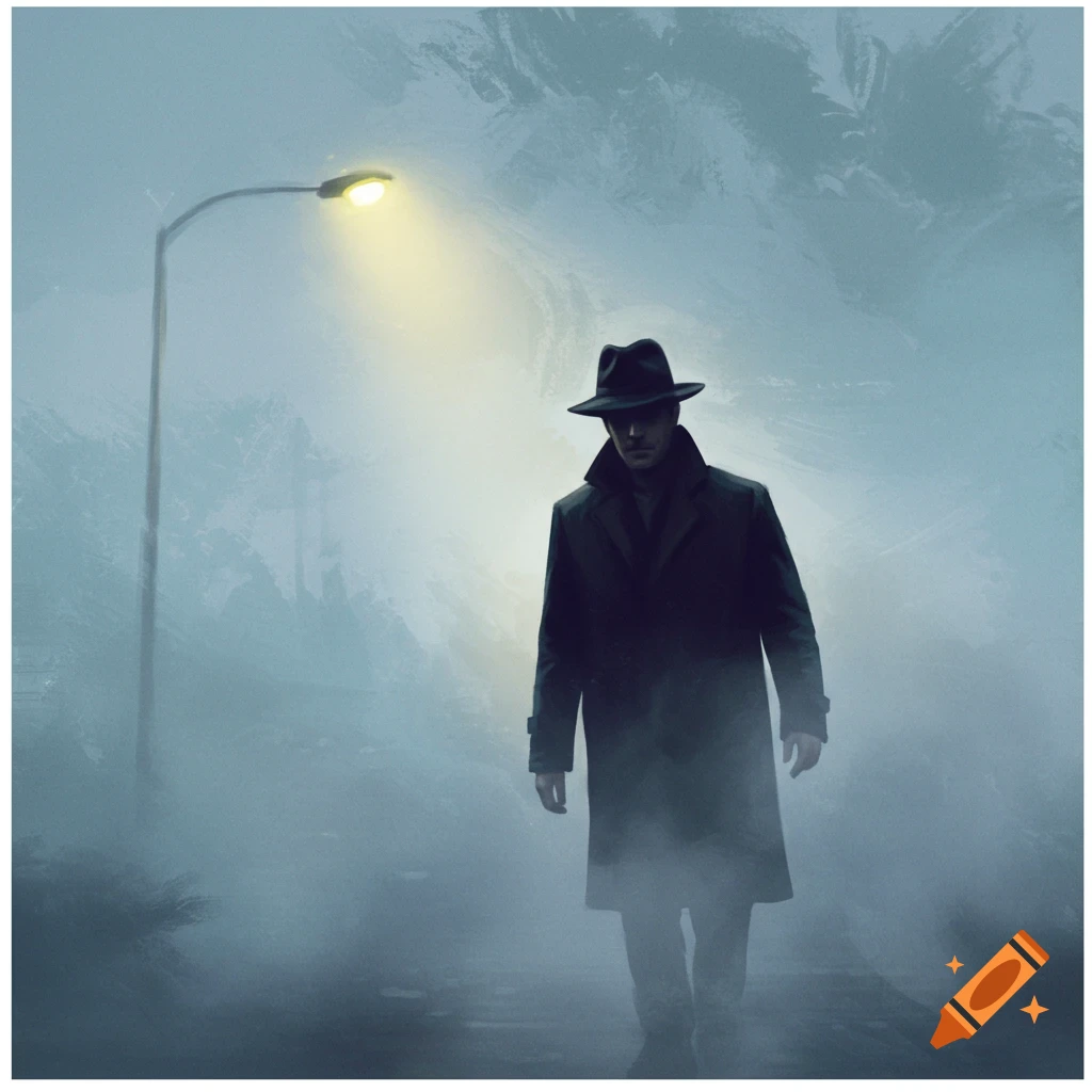 A man in a coat and hat walks in dense fog under a street lamp.