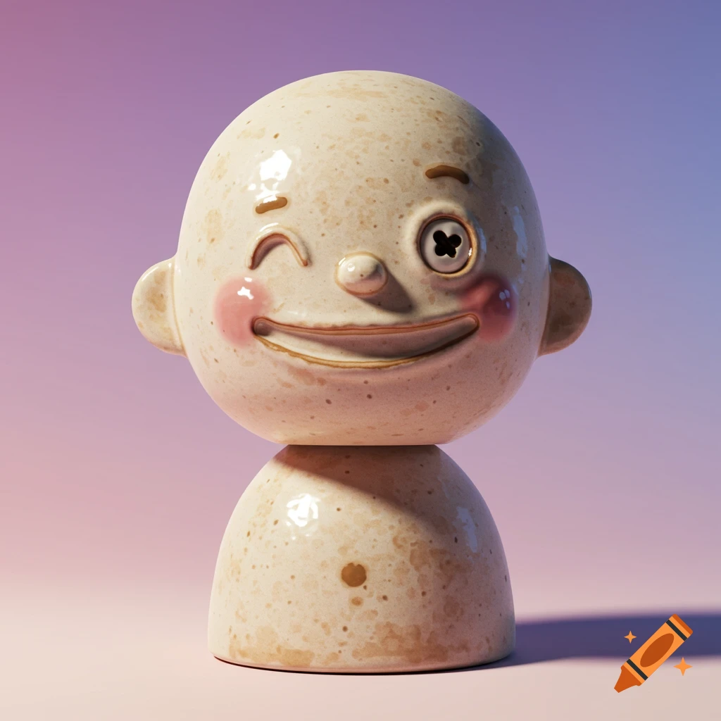 A ceramic bobble head with a winking eye and smile, against a gradient background.