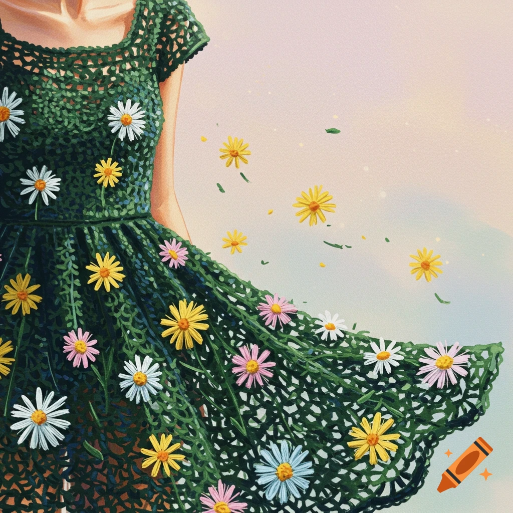A person in a dark green crochet dress decorated with daisies, with flowers floating around.