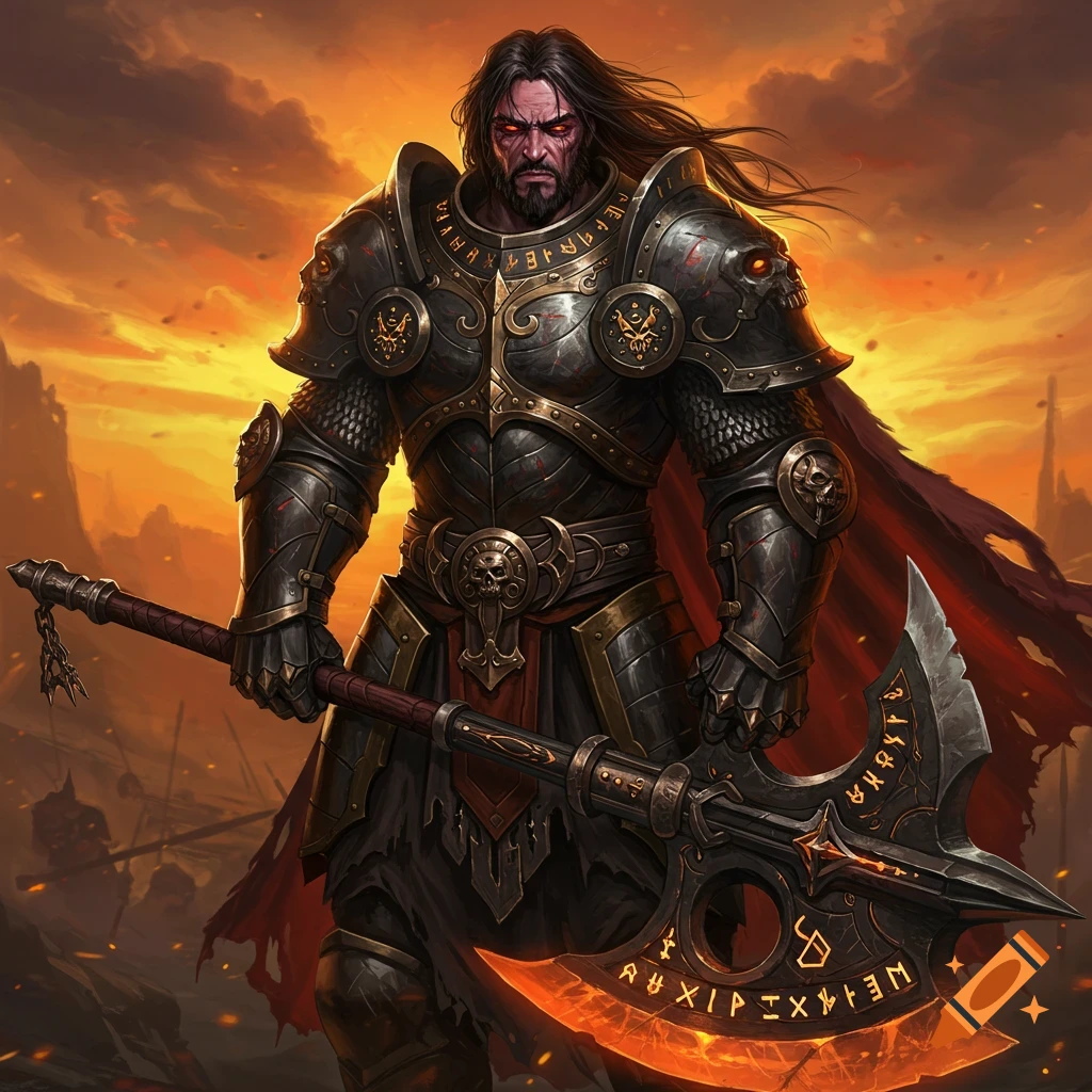 A dark fantasy warrior in ornate armor holds a large axe against a sunset background.