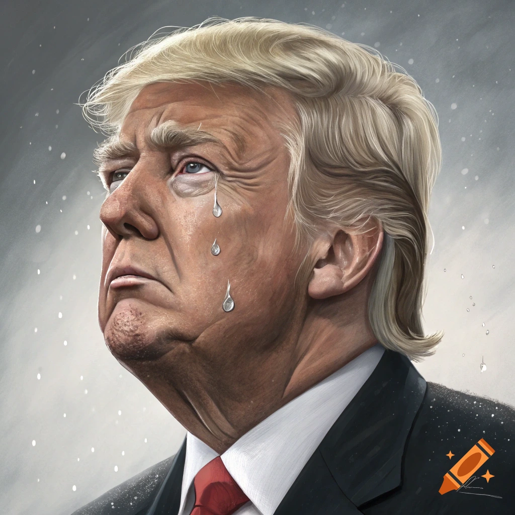 Headshot portrait of Donald Trump crying
