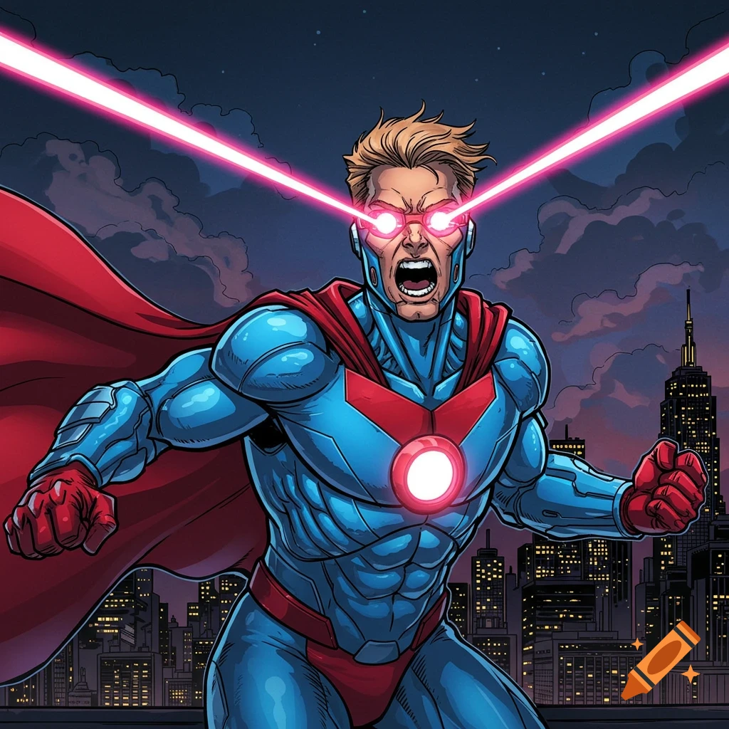 Comic book style superhero firing laser beams from his eyes over a cityscape.
