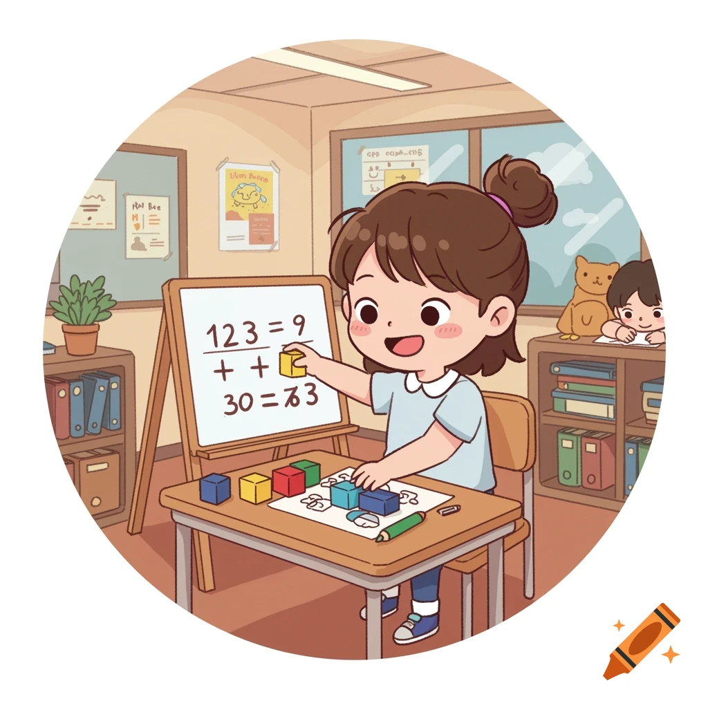 Cartoon girl in a classroom doing a math problem on a whiteboard with blocks.