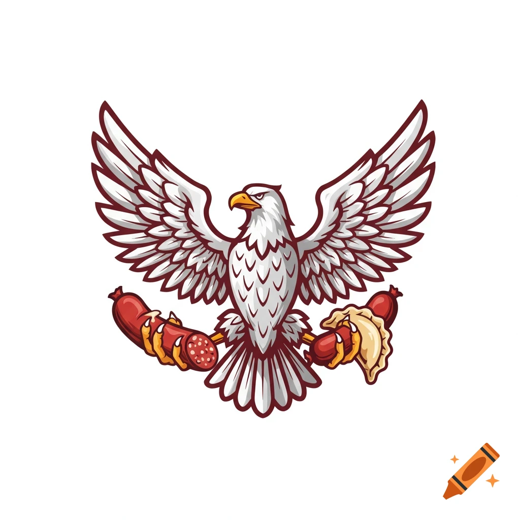 Cartoon illustration of a white eagle holding a sausage and dumpling
