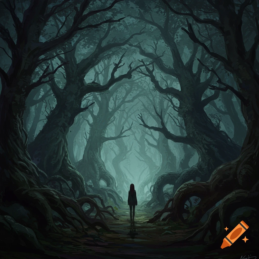 A solitary figure stands on a path in a dark, gnarled forest.