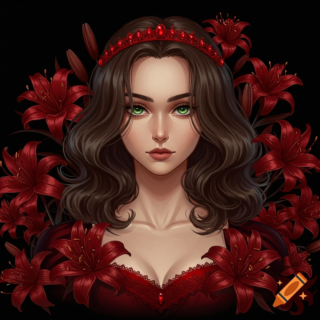 Anime style portrait of a woman with green eyes and a red crown surrounded by red lilies on a black background.