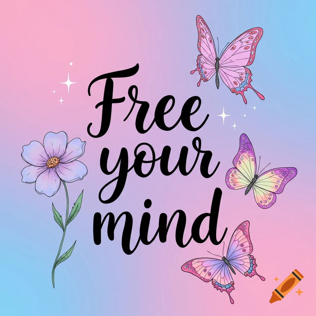 Text "Free your mind" with butterflies and a flower on a pastel gradient background.