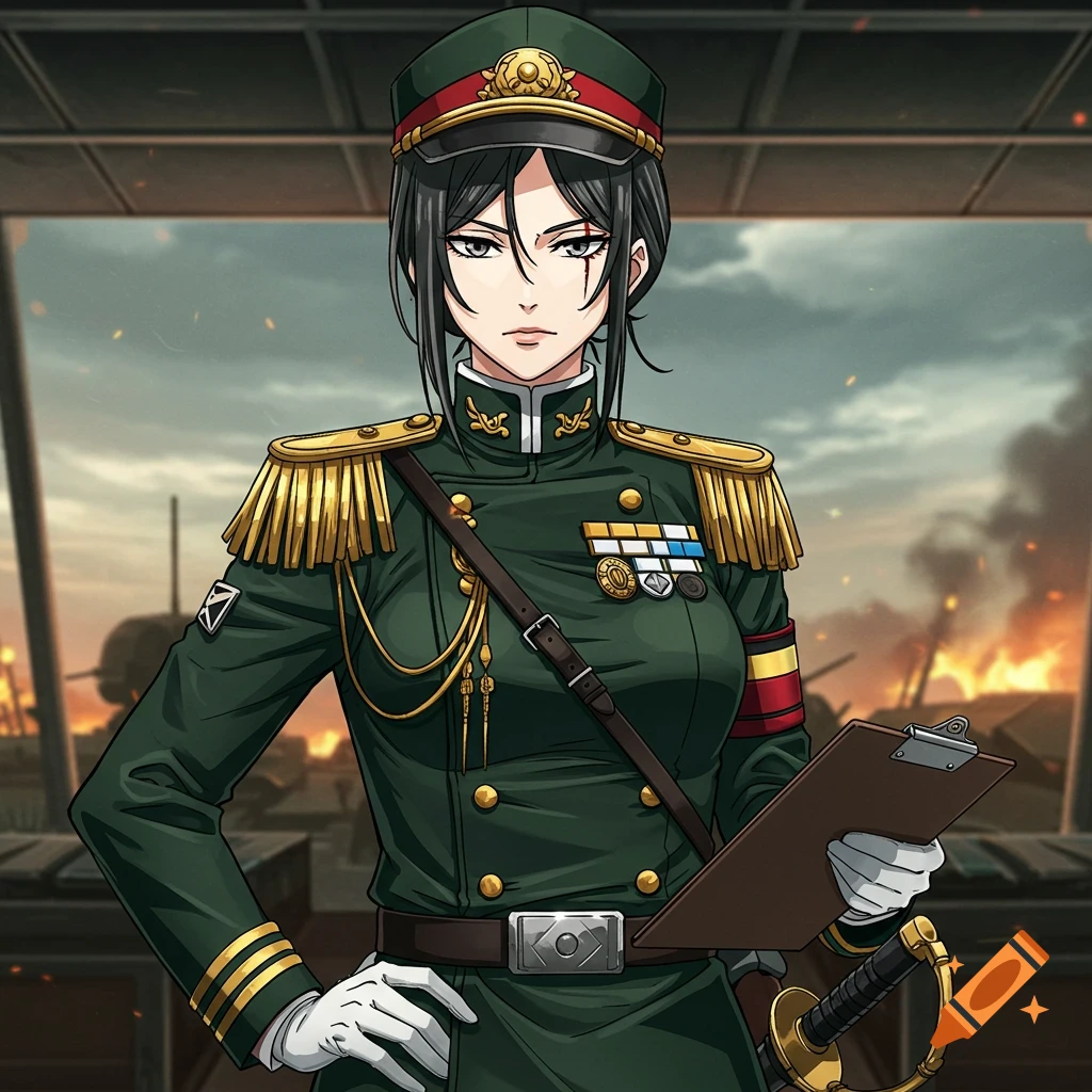 Anime style illustration of a female military officer holding a clipboard in front of a battlefield.