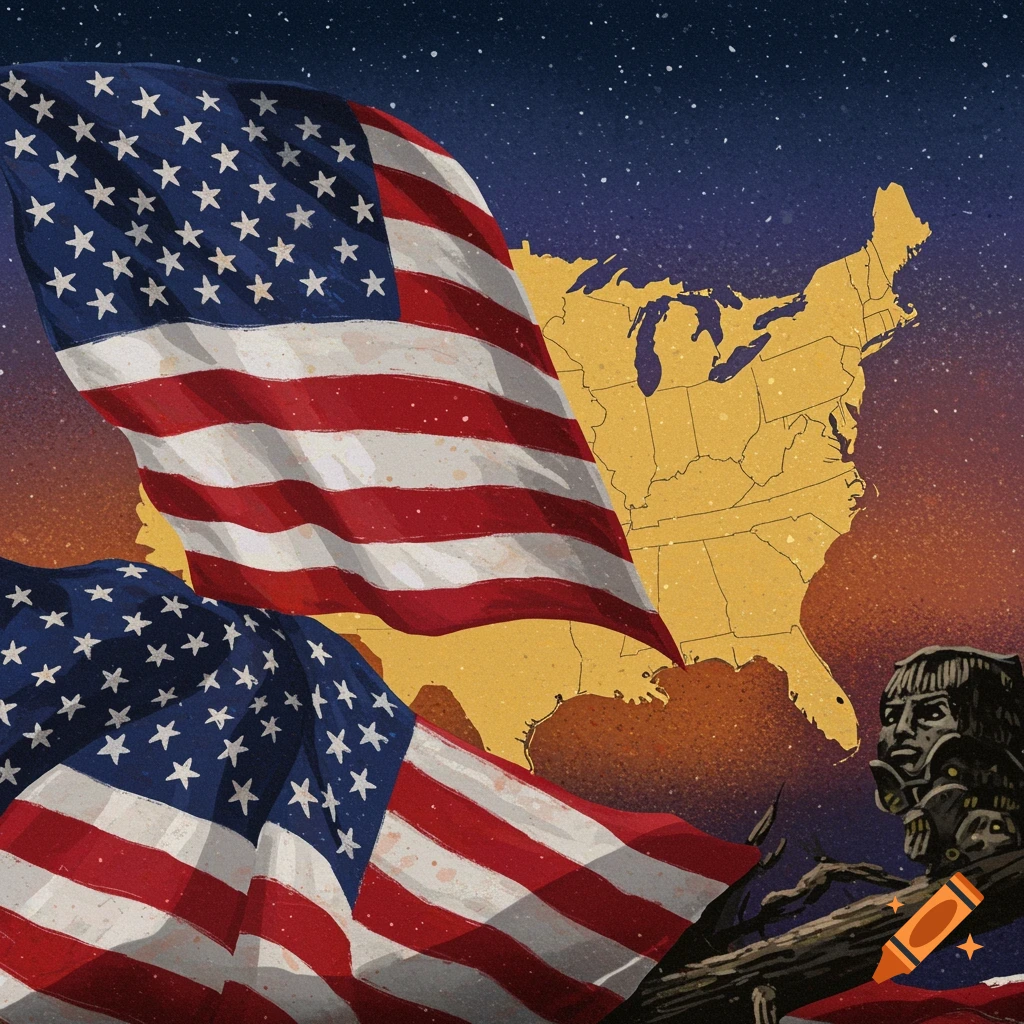 Two American flags, a map of the United States, and a stylized head on a branch against a starry sky.