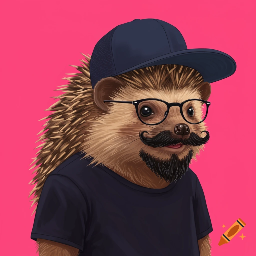 A hedgehog wearing a t-shirt, baseball cap, glasses, and a mustache and beard.