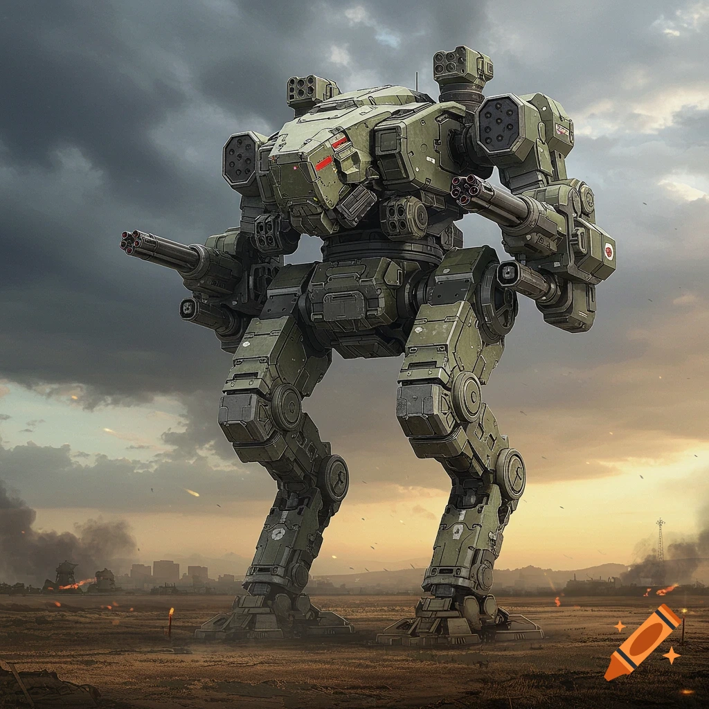A large military mech stands in a barren battlefield under a stormy sky, smoke rising in the distance.