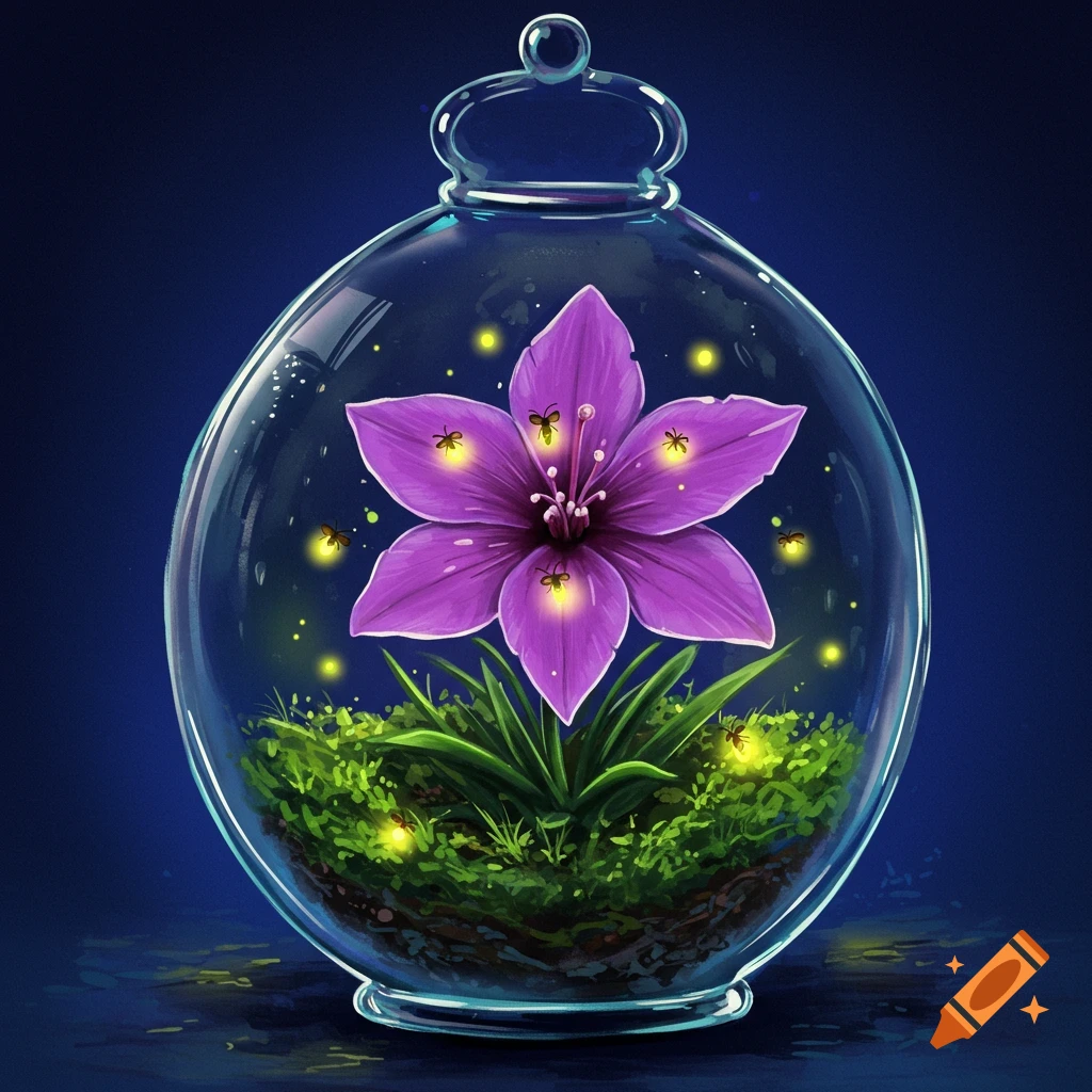 A purple flower with glowing fireflies inside a glass terrarium.
