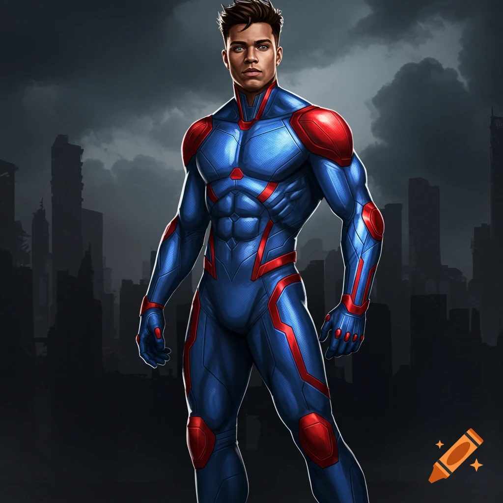 A male superhero in a blue and red suit stands before a dark city skyline. Digital art.