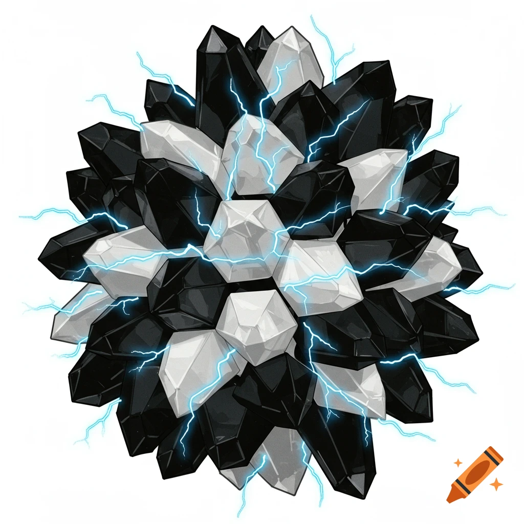 A cluster of black and white crystals with blue lightning bolts emanating from them.