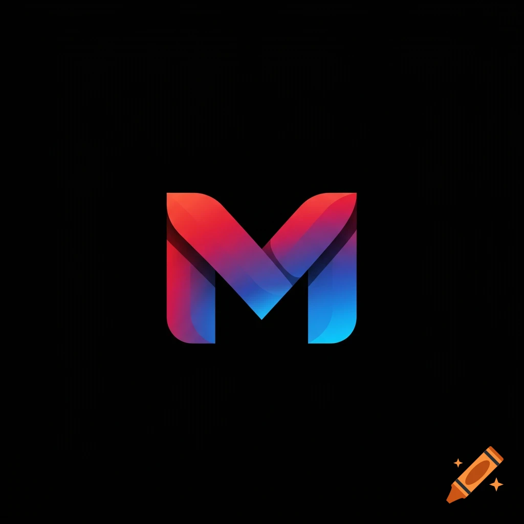 Stylized red and blue gradient capital M on a black background