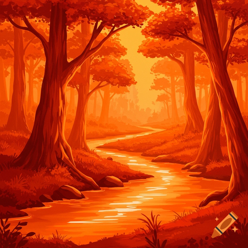 An orange river flowing through a forest of orange trees.