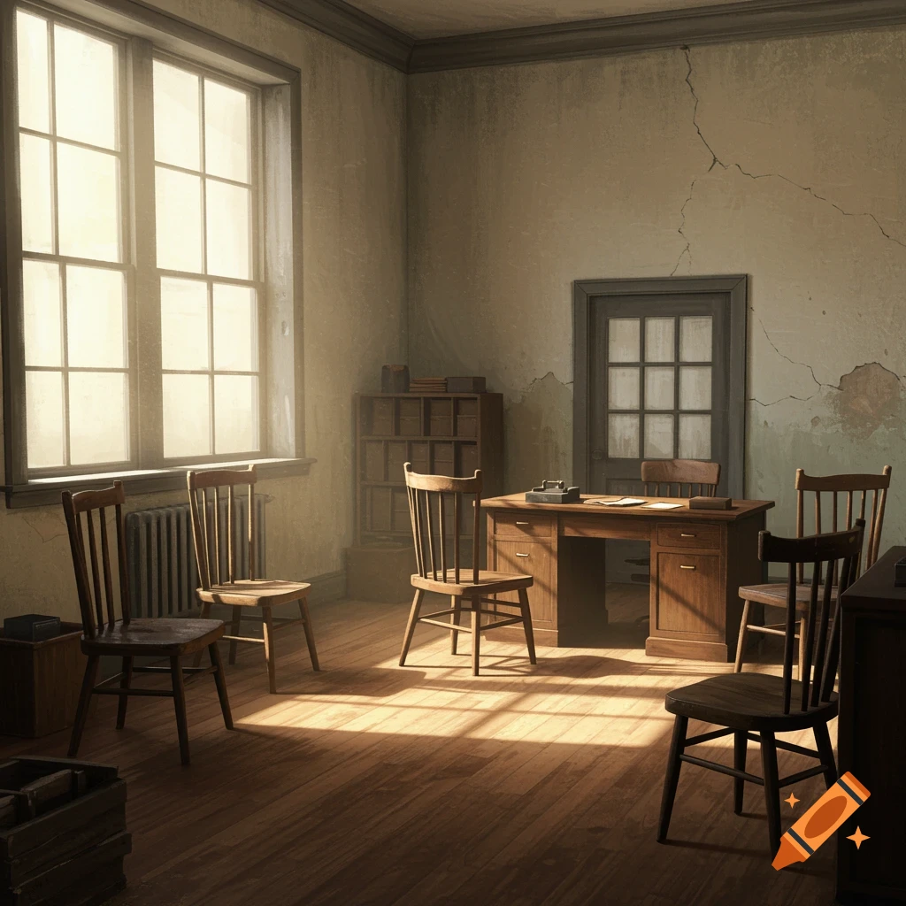 An empty, sparsely furnished office room in 1930s illustration style. Sunlight streams through a large window onto a wooden floor.