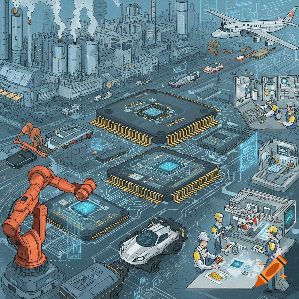 Semiconductor manufacturing integrated with automotive, aerospace, and robotics industries.