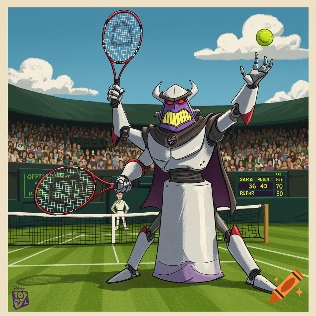 Emperor Zurg plays tennis on a court, holding two racquets, ready to serve a ball.