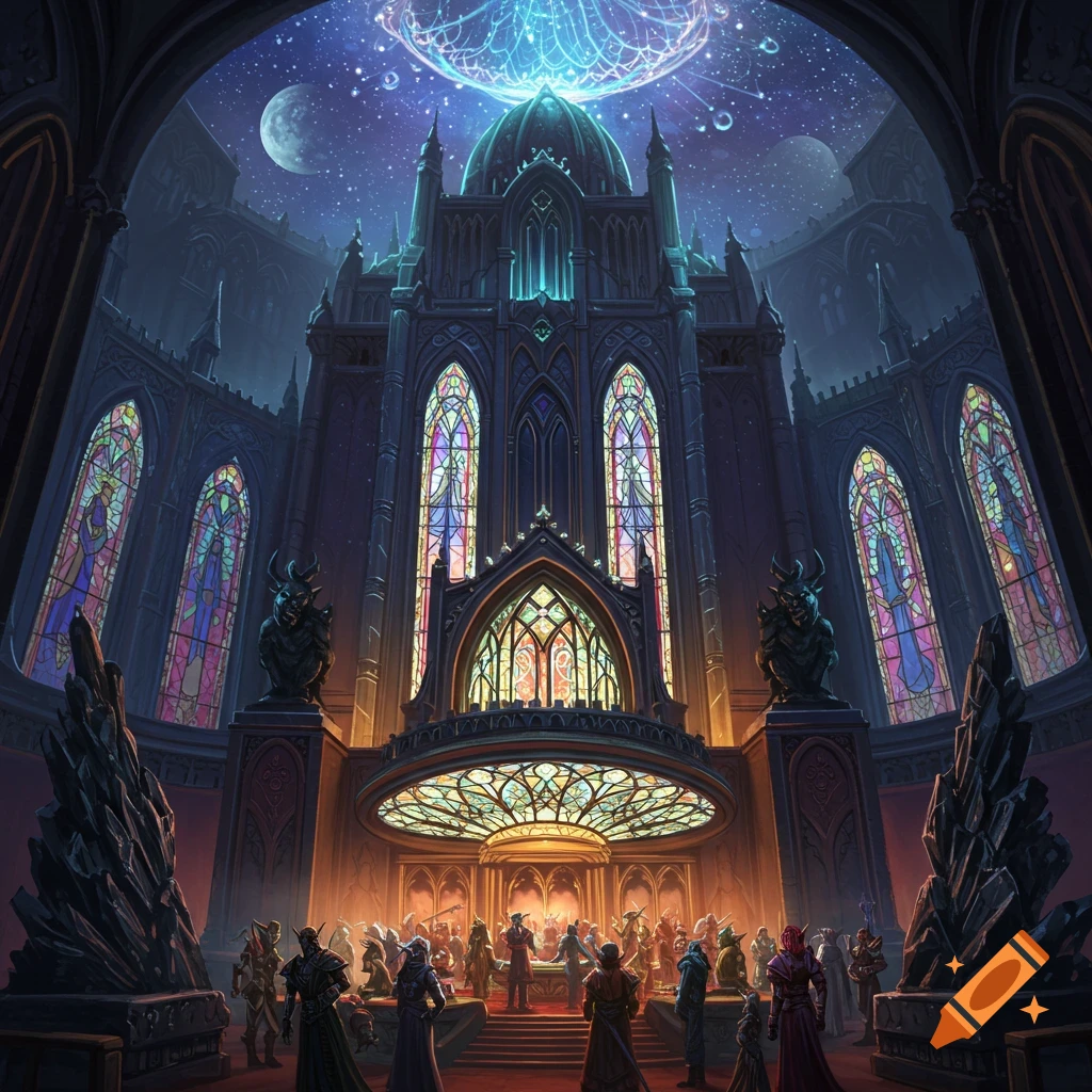 A grand fantasy hall or casino interior with stained glass windows, a celestial ceiling, and a crowd.