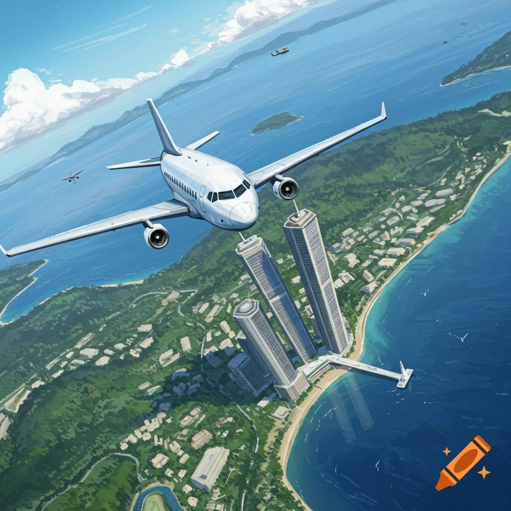 A white airplane flies over skyscrapers near a coastal city.